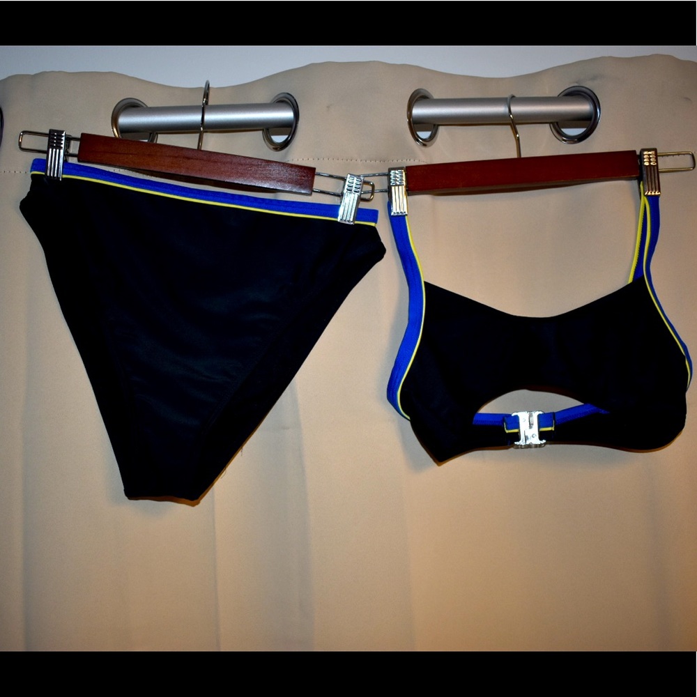 Black bikini with blue and yellow trim